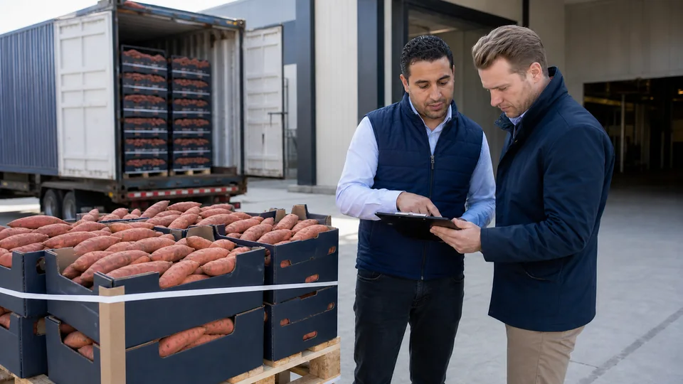 Egyptian sourcing representative and Dutch buyer reviewing one pallet of export sweet potatoes beside a refrigerated container